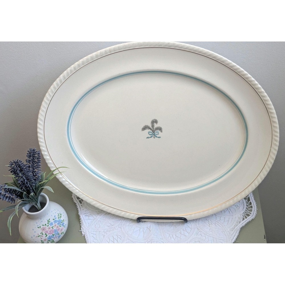Johnson Bros England Oval Serving Platter 16x12 Vintage White Blue Trim Gold Rim